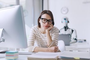 Disappointed stressed woman and AI robot in the office